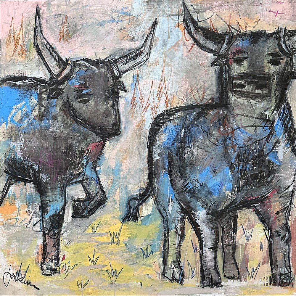 An expressive contemporary abstract art painting by Joshua Jenkins of two bulls, street art inspired texture, and textured background.