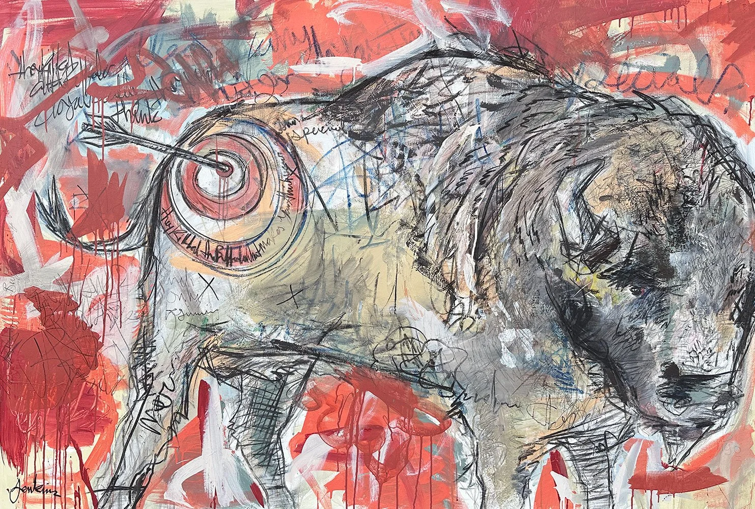 An expressive contemporary abstract art painting by Joshua Jenkins inspired by street art of a bison with an arrow on it’s behind.