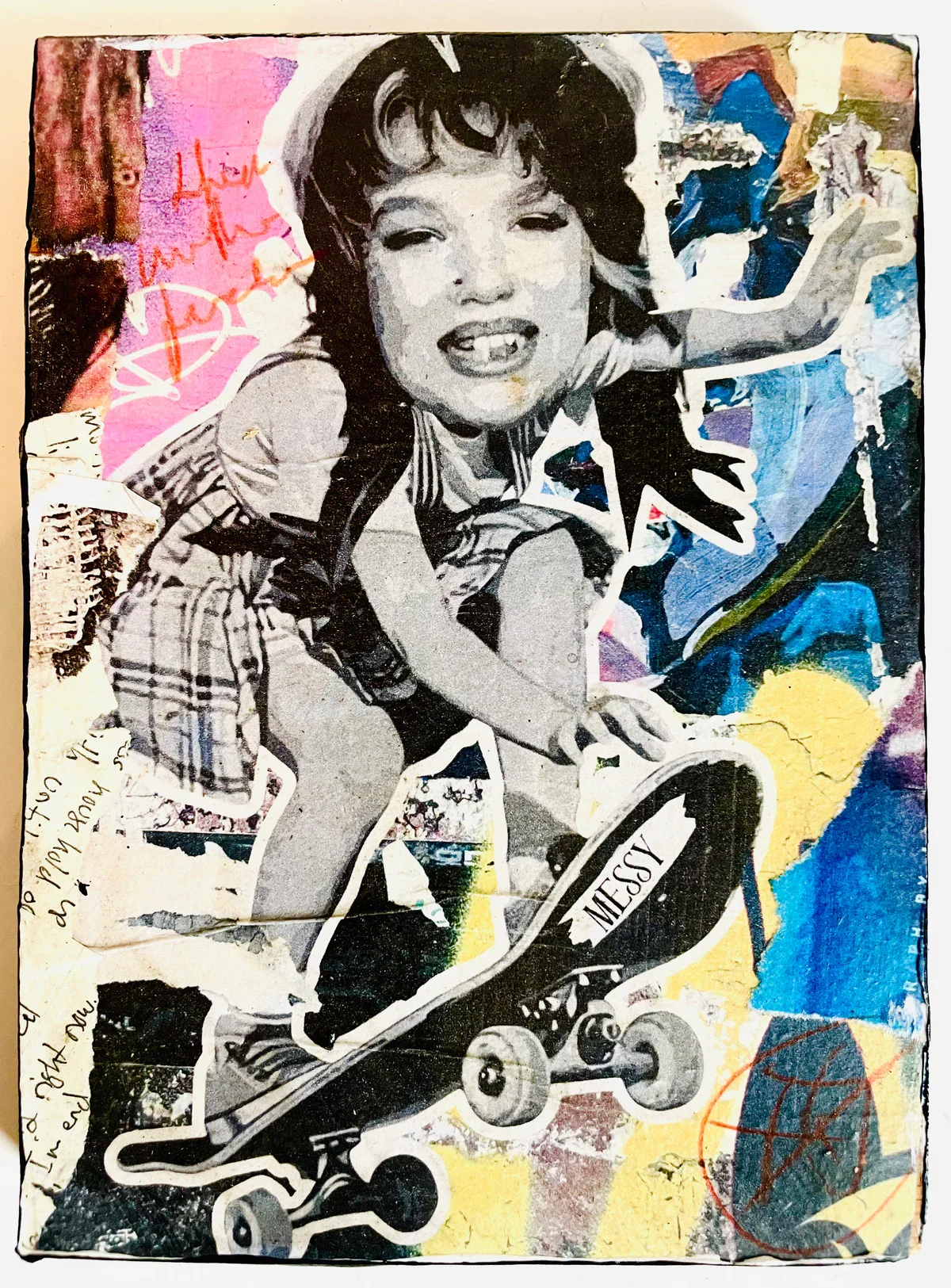 Mixed media artwork featuring a collage of a young girl with a chipped smile riding a skateboard, with colorful abstract and handwritten elements in the background.