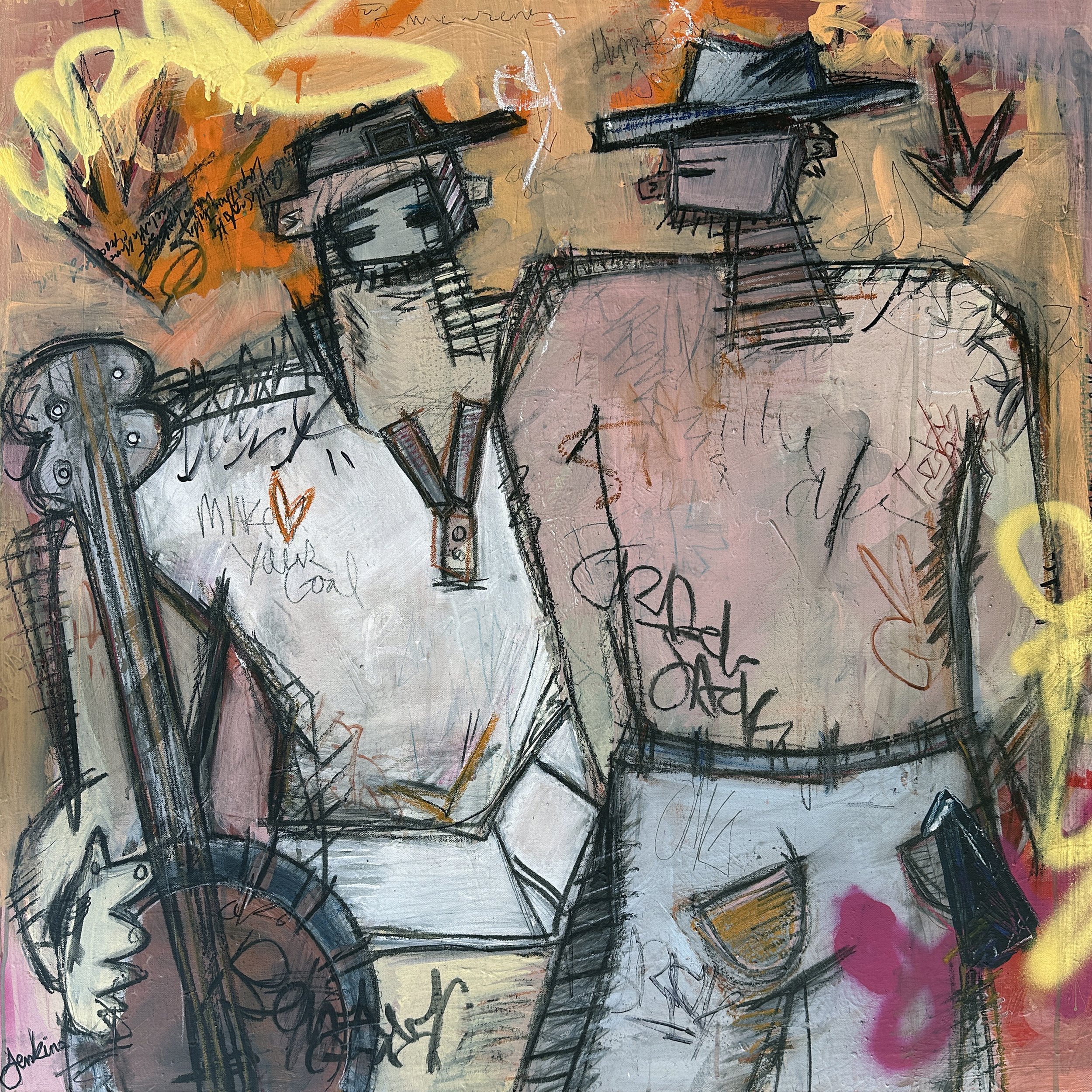 An expressive art brut styled painting by Joshua Jenkins of two male figures posing, one with a banjo like instrument, and with graffiti textures and colorful  orange tones throughout.
