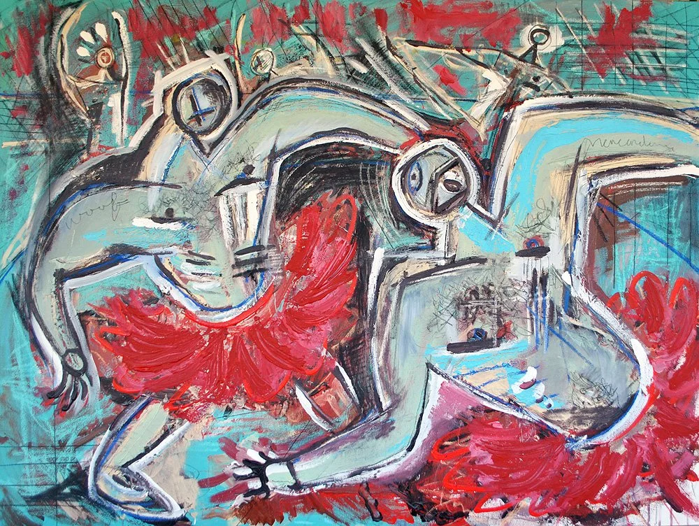 Abstract painting featuring distorted human-like figures with exaggerated limbs and faces, surrounded by vibrant red and blue colors, with sketch-like lines and scribbles.
