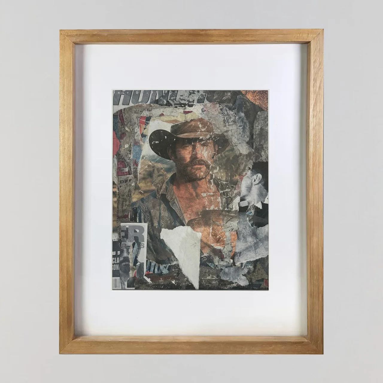 An contemporary mixed media collage by Joshua Jenkins of gay masculine themes inspired by urban decay, cowboys, mustache, hairy men.