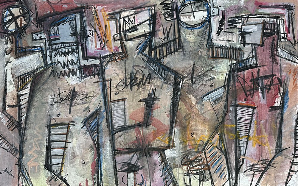 A group of nude gay men standing next to one another. Painted in an expressive manner influenced by street art this painting captures urban energies and clearly has influence from 20th century expressionist movements. unqiue, bold, and masculine art.