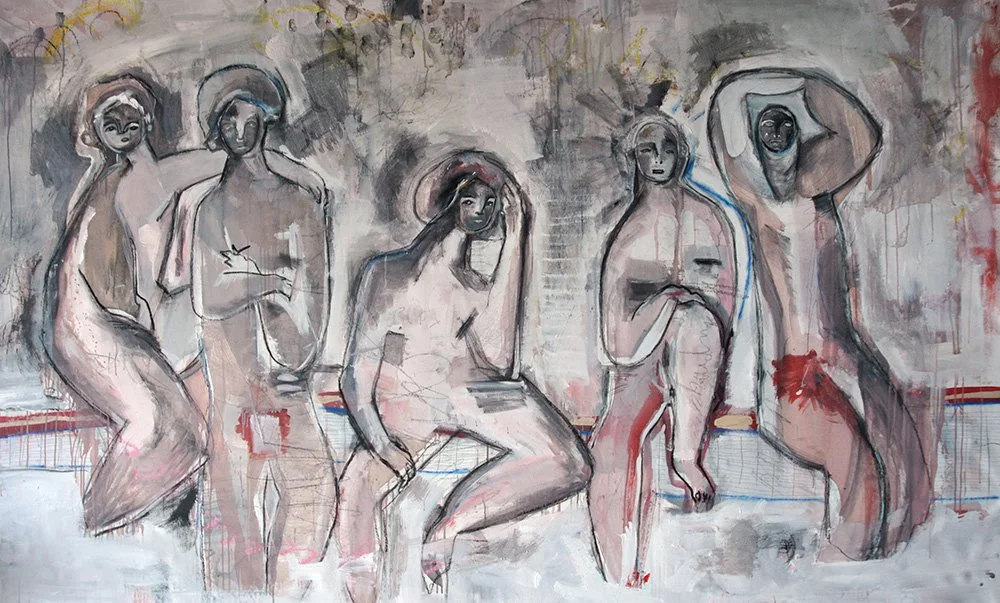 A watercolor painting of five abstract female figures with exaggerated curves and distinctive features, set against a muted background with hints of red and blue.
