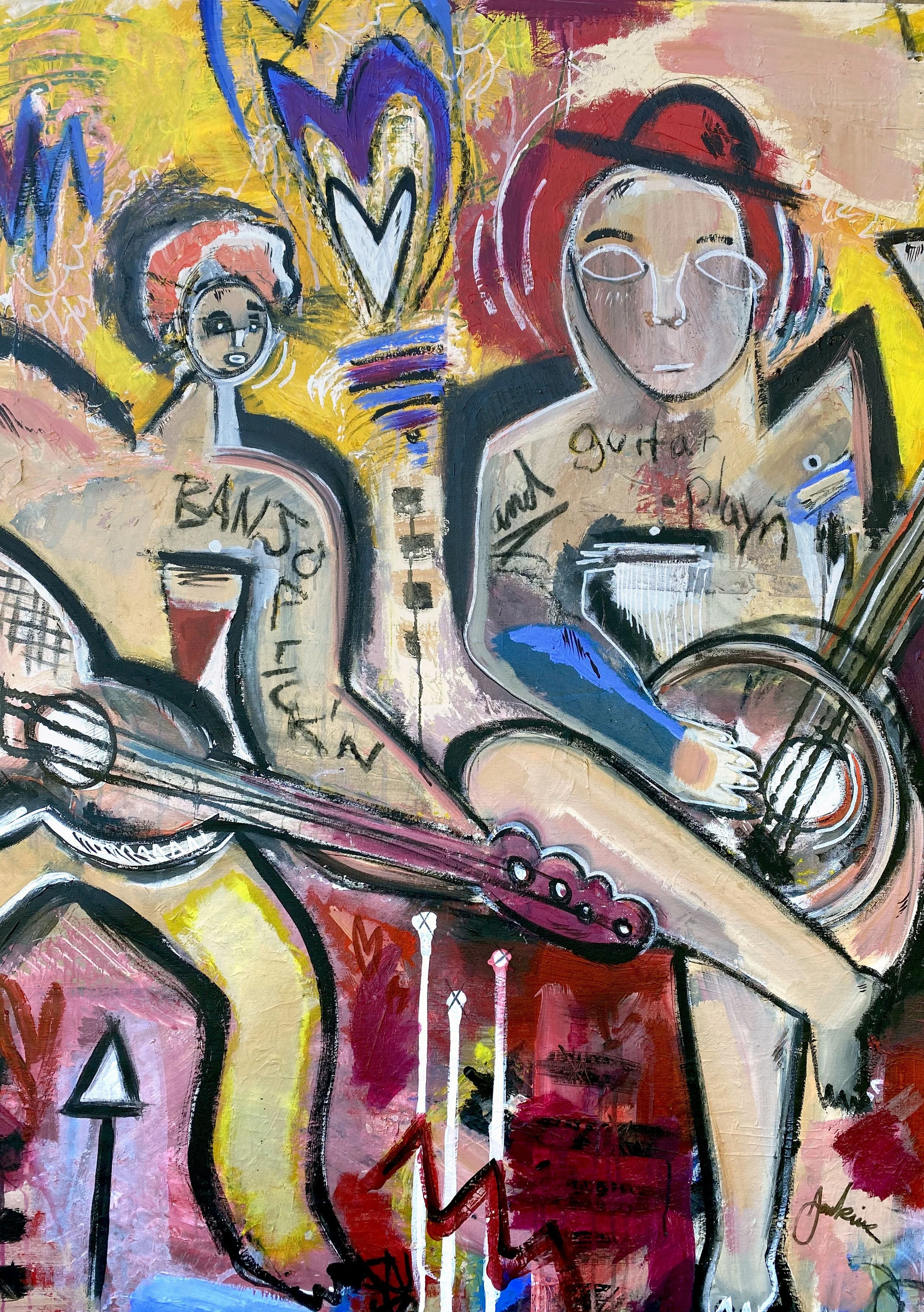 A fun and expressive painting with explosive energy of absract figures of two men playing instruments. very colorful and energetic with a art brut style mixed with cubism and street art