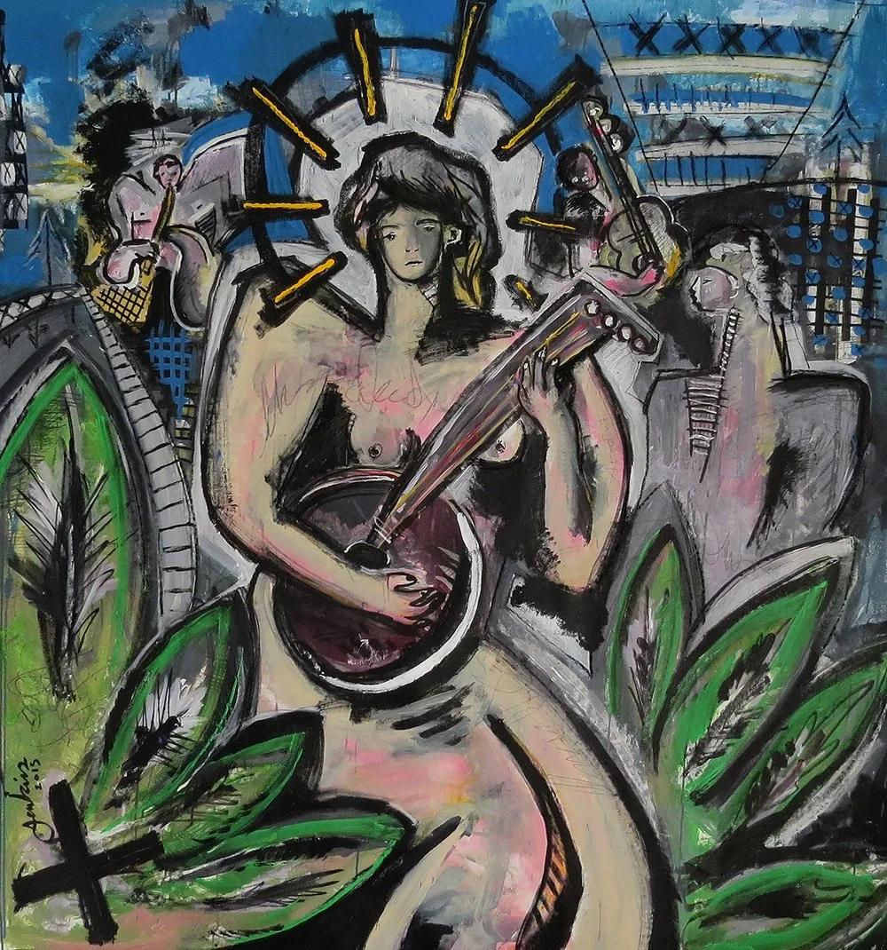 An expressive and bold painting of multiple musicians with a nude woman playing an instrument front and center.