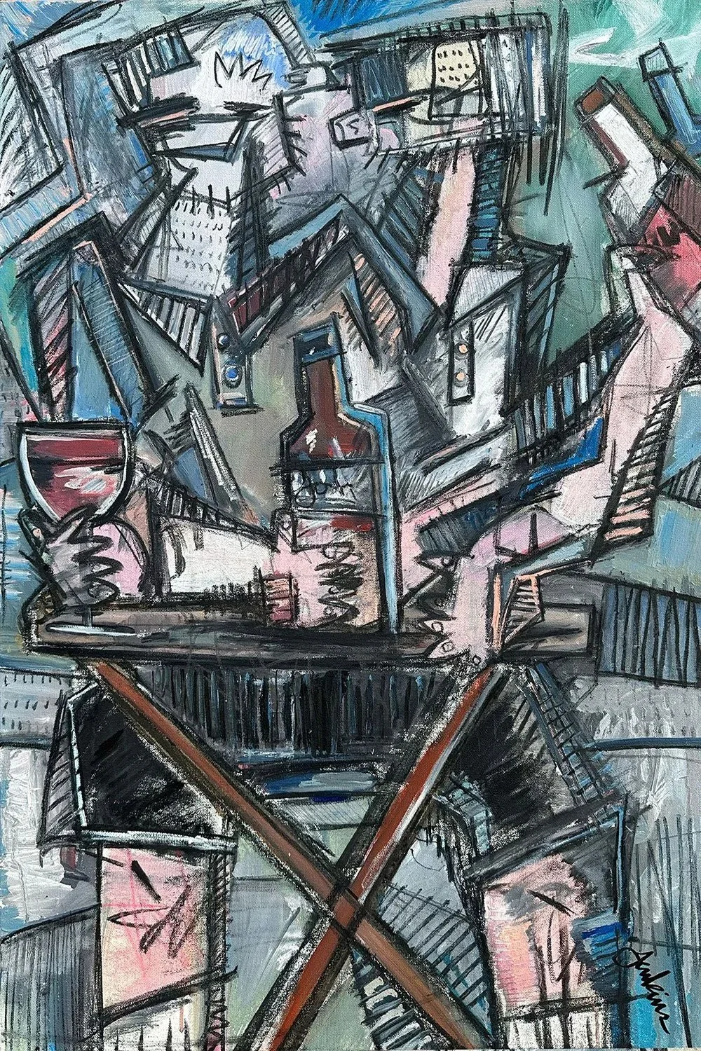 An expressive contemporary abstract art painting by Joshua Jenkins of a male figure drinking wine, inspired by cubism movement.