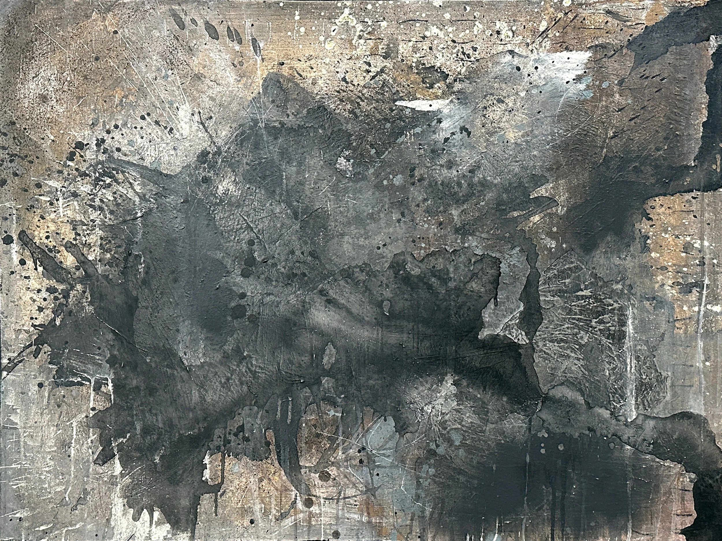 An expressive contemporary abstract art painting by Joshua Jenkins with masculine palette and textures inspired by urban stains.