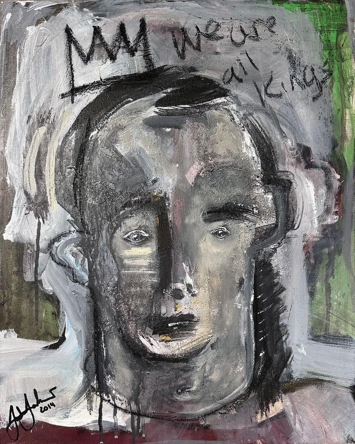 An expressive and art brut style painting of a head with a crown and text scribbled above it saying 'we are all kings'