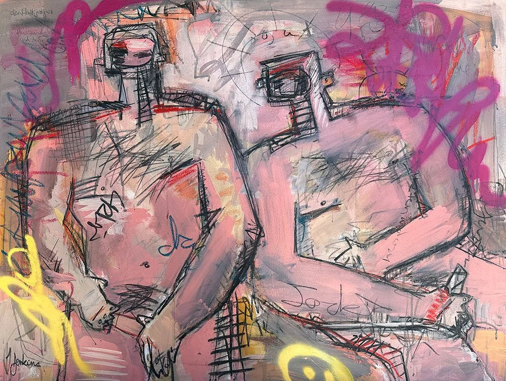 An expressive art painting by Joshua Jenkins of two nude pink figures participating in mutual masturbation, graffiti-like textures, and bold pink hues throughout.