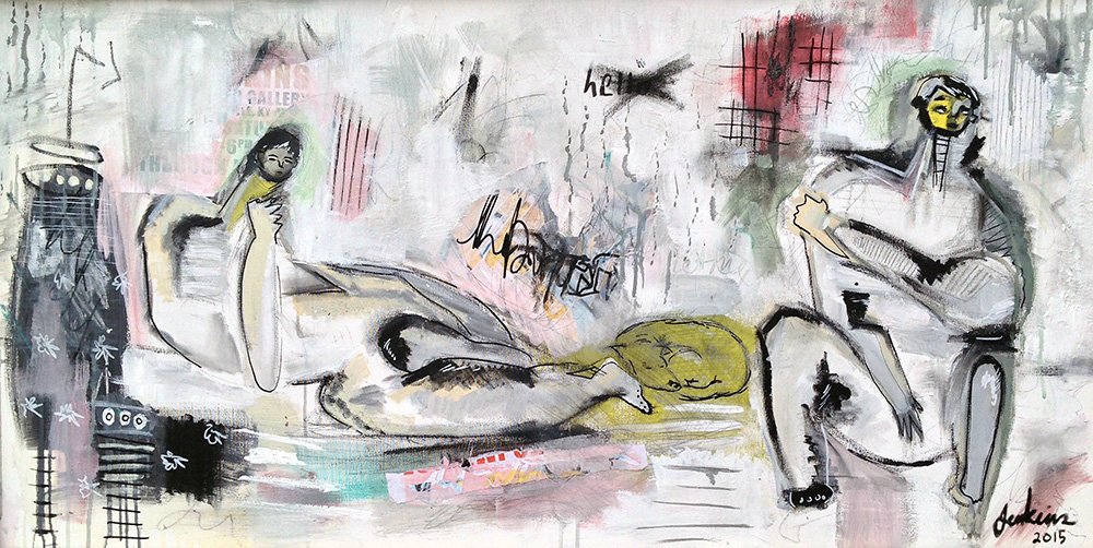 An contemporary abstract painting by Joshua Jenkins of two nude male figures, expressive graffiti like inspired background.