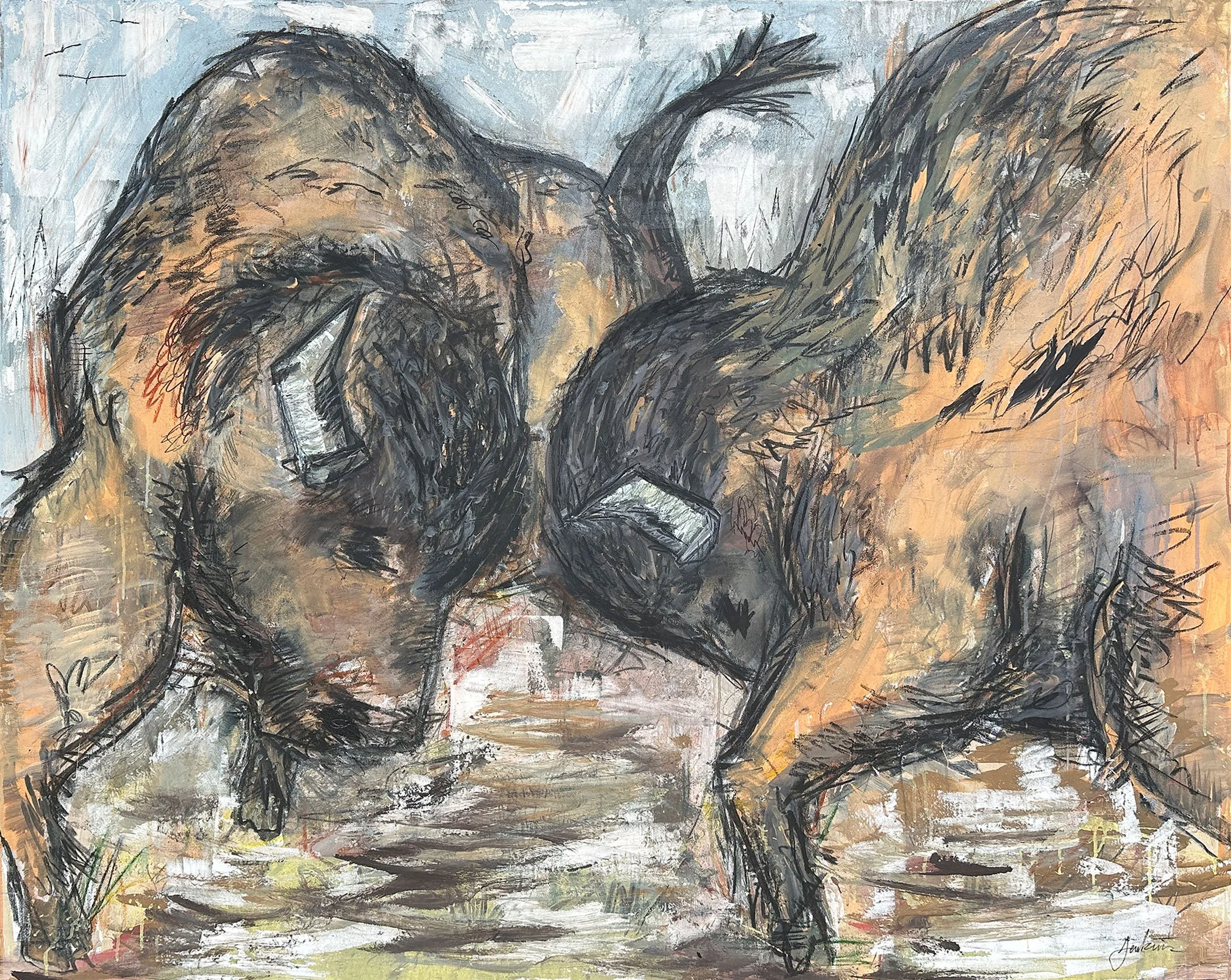 An expressive contemporary abstract art painting by Joshua Jenkins of two bison fighting one another in nature.