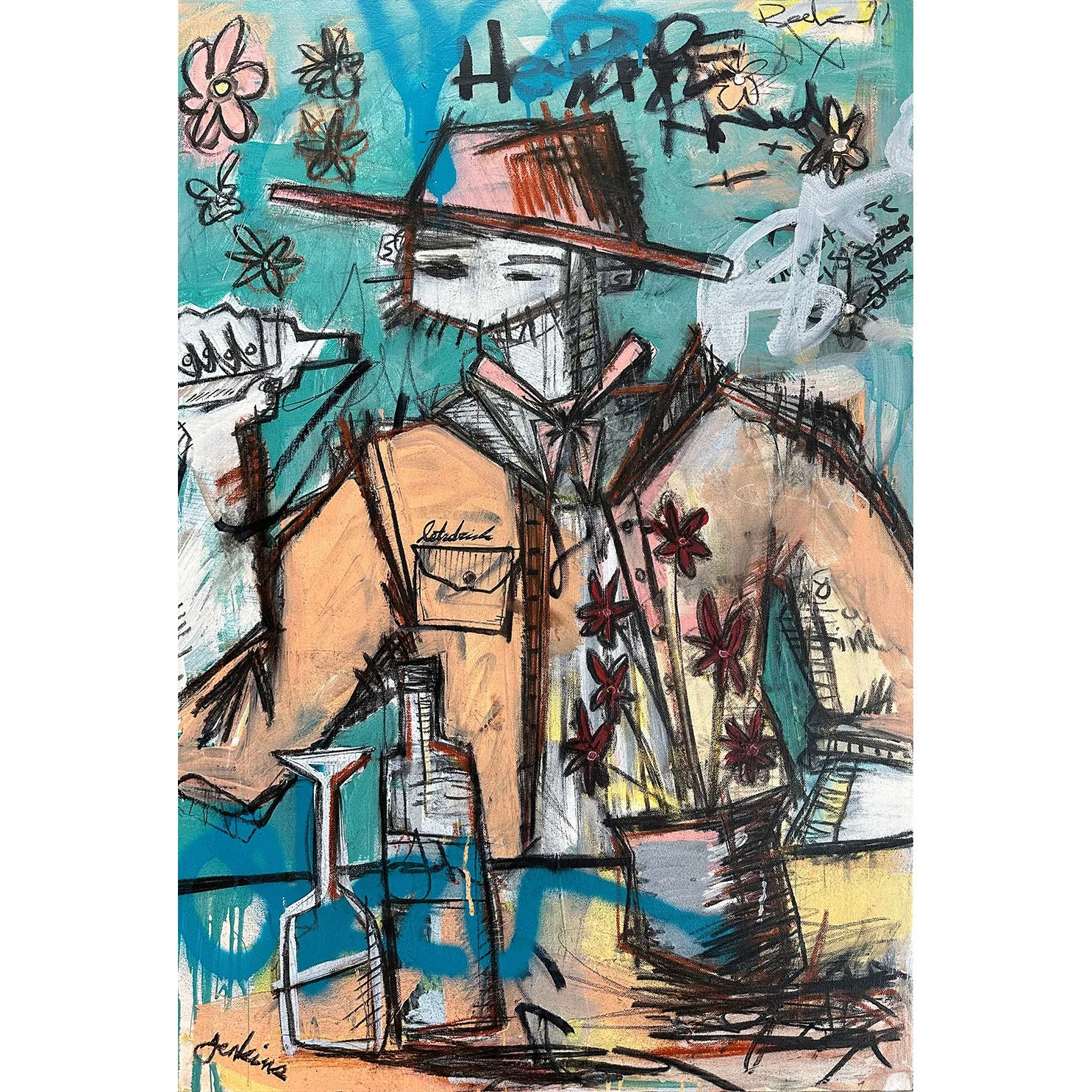 An expressive brut art painting by Joshua Jenkins of an abstract figure drinking a beer with upside down wine glass, vase of flowers, graffiti-like textures and bold colors throughout.