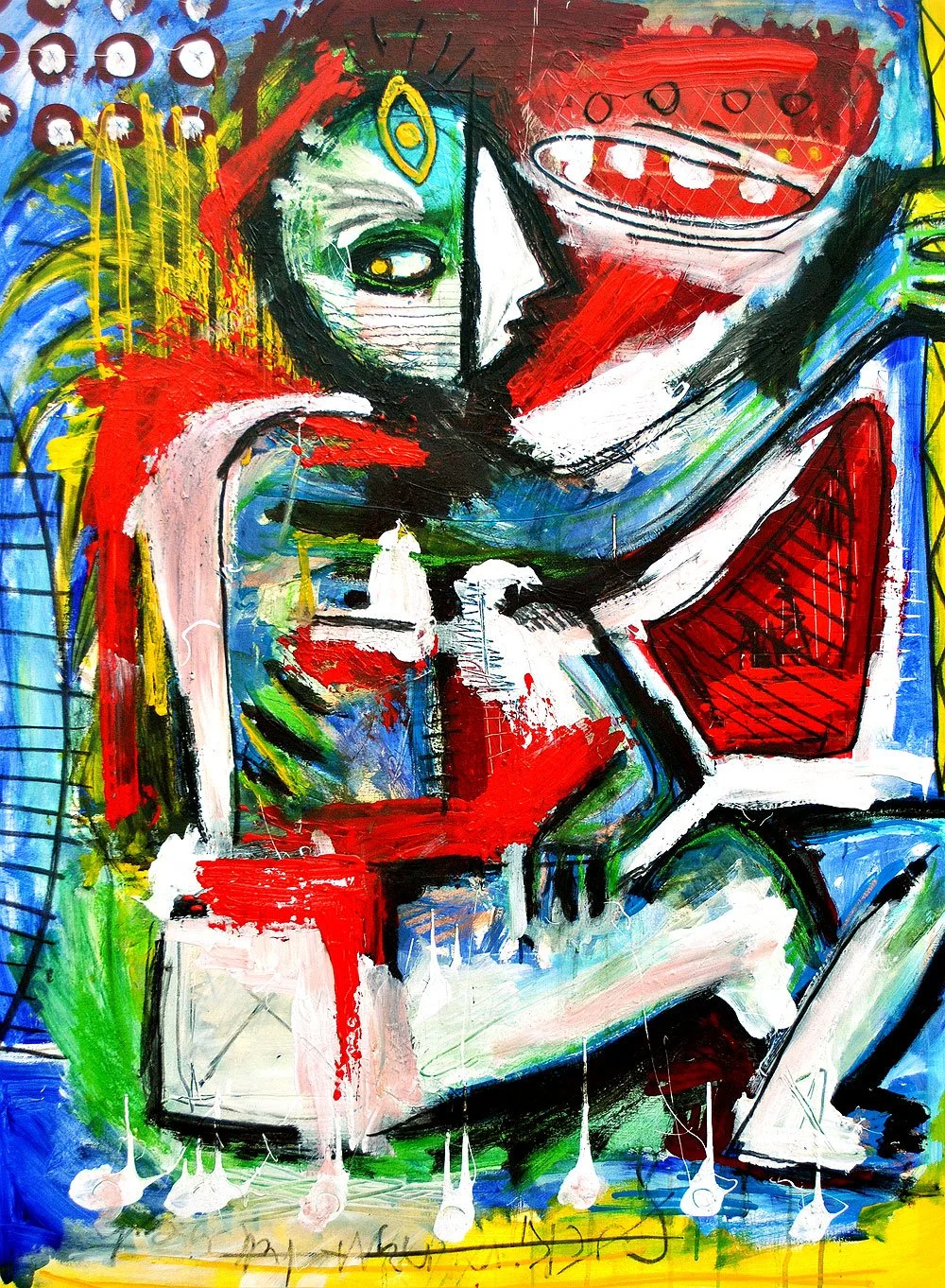 Abstract colorful painting with expressive brushstrokes featuring a distorted humanoid face with one green eye and yellow eye, surrounded by red, yellow, blue, green, black, and white splashes and lines.