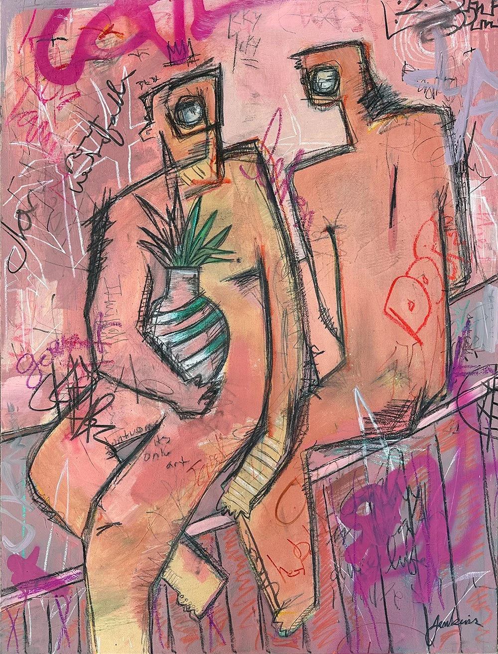Expressive painting by Joshua Jenkins of two figures seated on an edge holding a plant, layered with graffiti textures and pink tones.