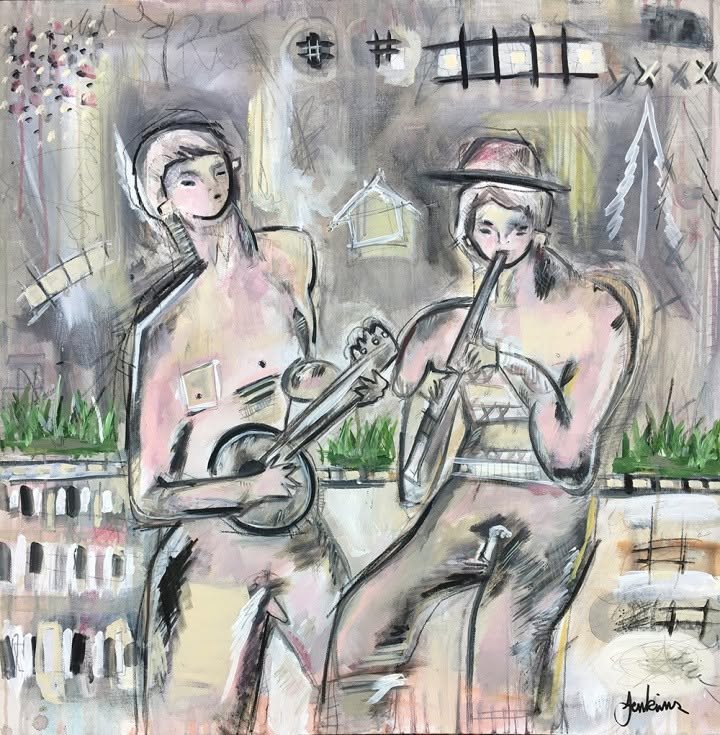 a painting of two figures playing instruments