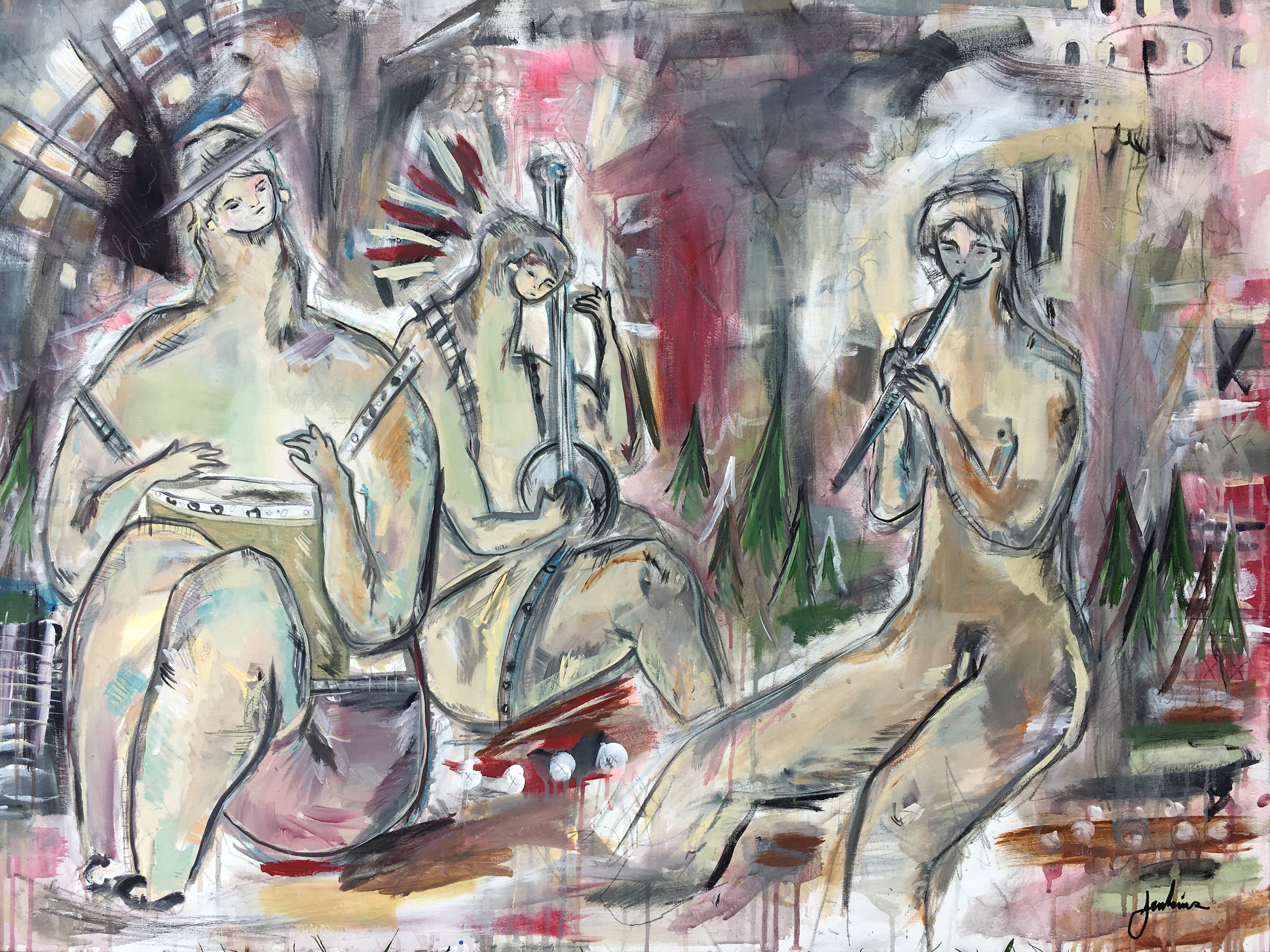 An expressive painting of three figures playings music in nature