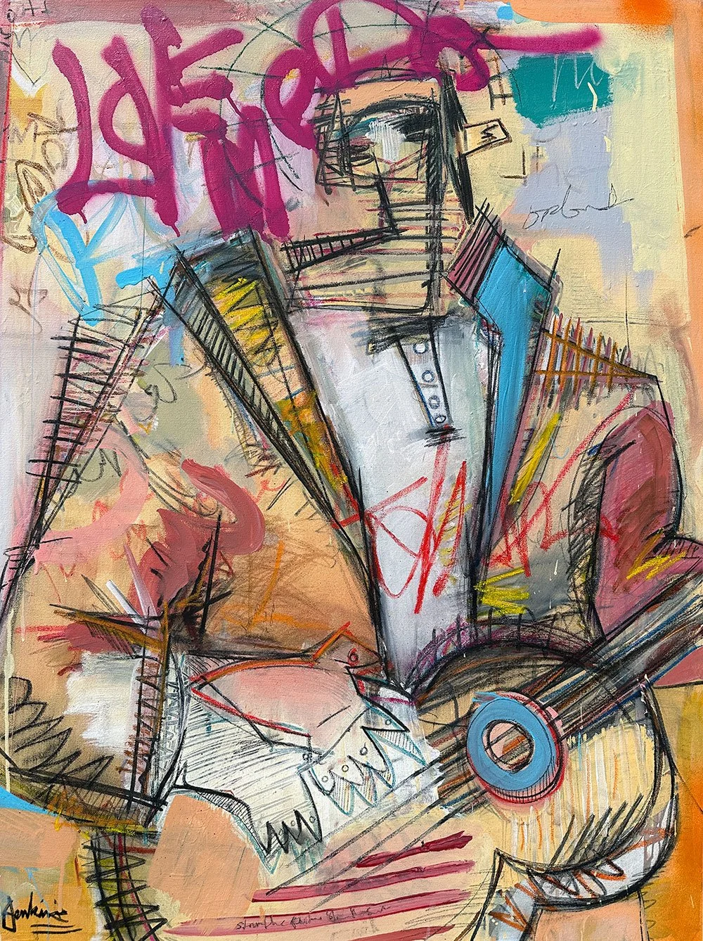 Expressive painting by Joshua Jenkins of a figure playing a guitar instrument, layered with graffiti textures and colorful tones throughout.