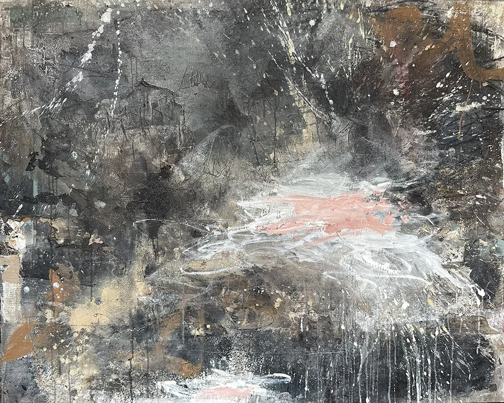 An expressive contemporary abstract art painting by Joshua Jenkins with masculine palette and textures inspired the cosmos.