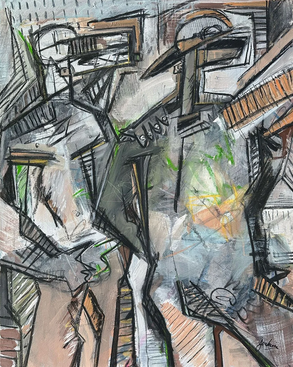 An expressive contemporary abstract art painting by Joshua Jenkins of two male nude figures posing, inspired by cubism movement.