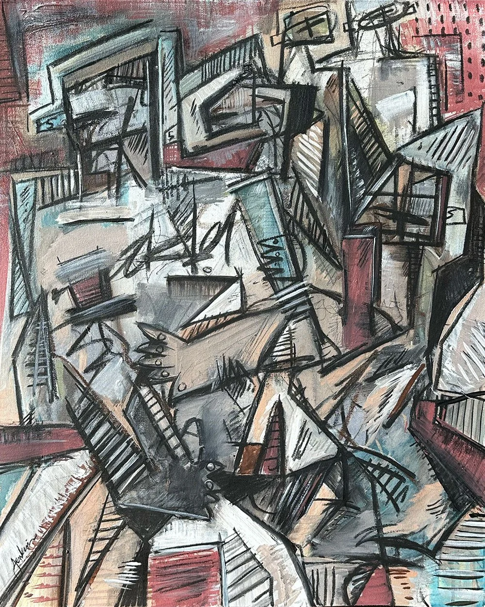 An expressive contemporary abstract art painting by Joshua Jenkins inspired by cubism of multiple male nude figures connected to one another engaging in possibly a sexual act.