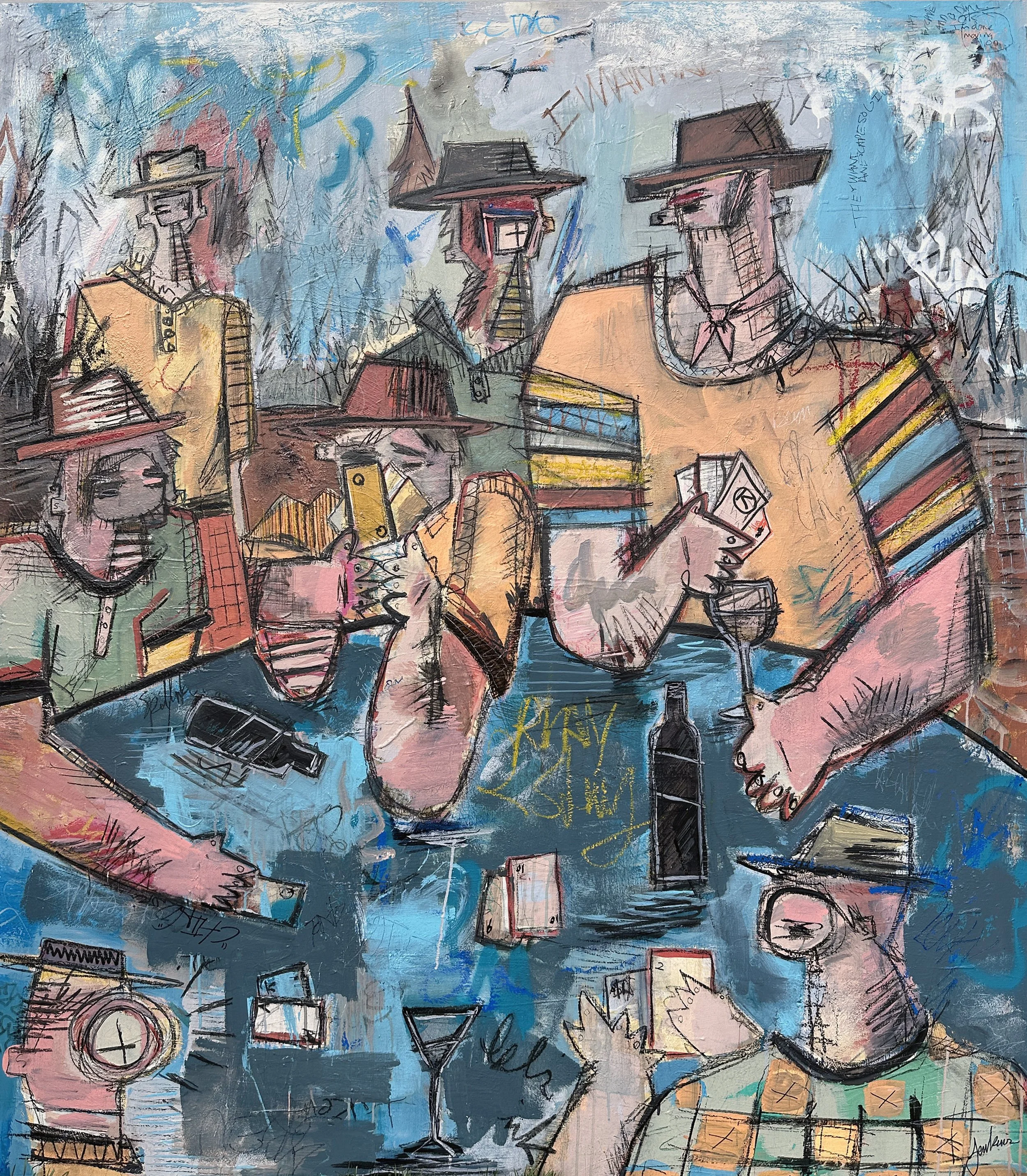 An expressive art brut styled painting by Joshua Jenkins of two male figures posing, one with a banjo like instrument, and with graffiti textures and colorful  orange tones throughout.