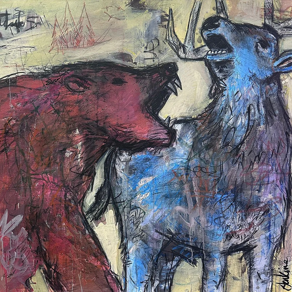 An expressive contemporary abstract art painting by Joshua Jenkins of a red bear and a blue deer fighting with street art textures overlaying the image.