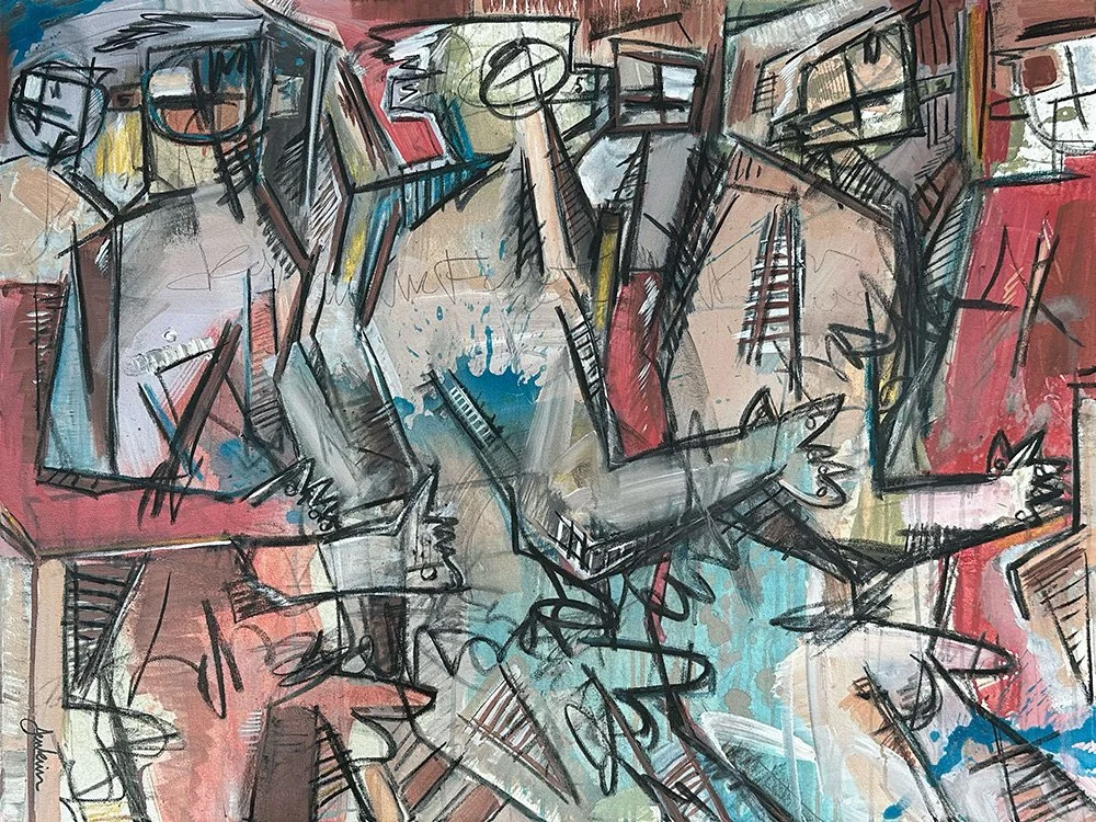 An expressive contemporary abstract art painting by Joshua Jenkins of multiple nude male nude figures dancing the conga, inspired by cubism movement.