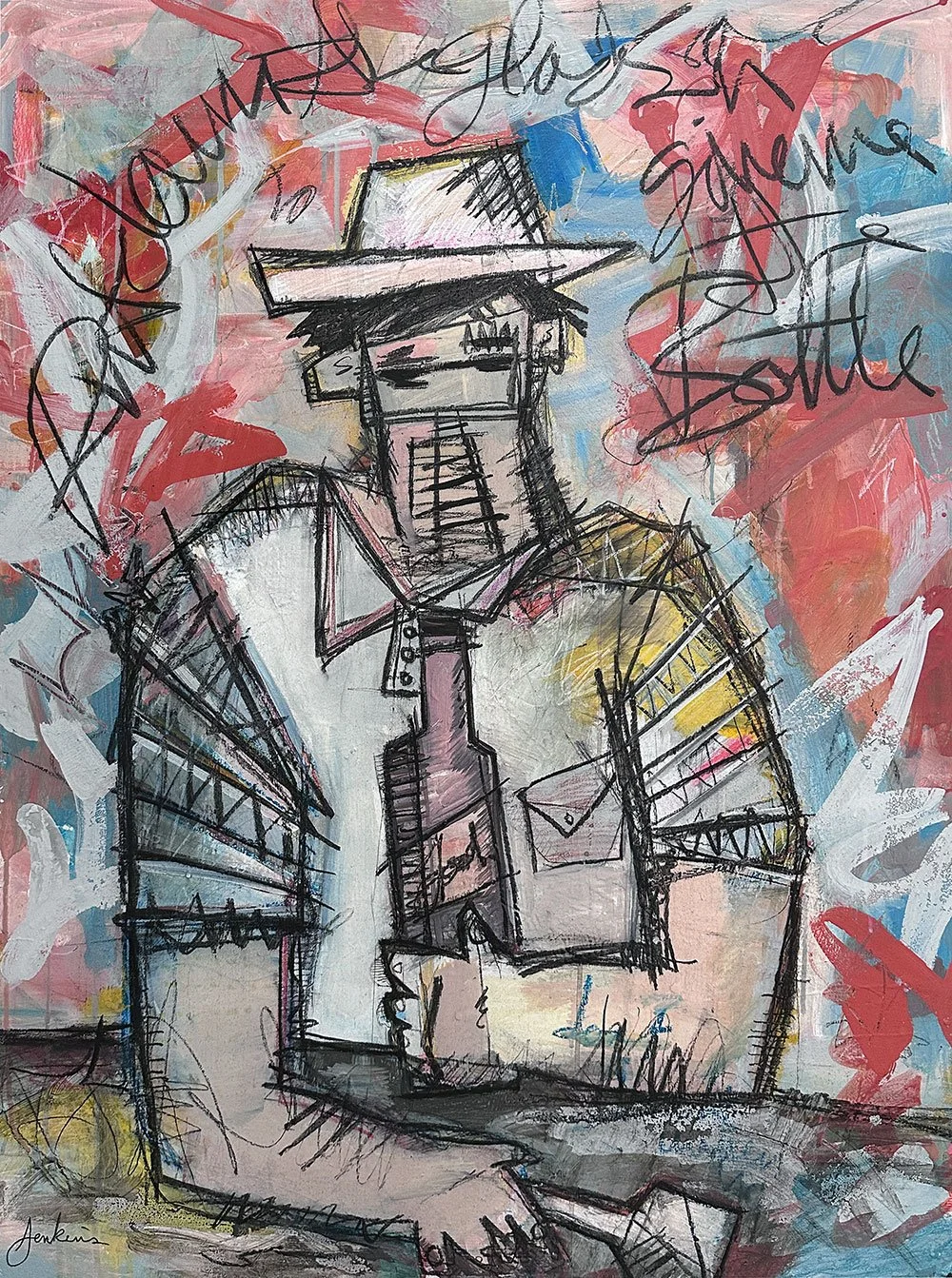 An expressive art brut painting by Joshua Jenkins of a figure holding a bottle of wine with a spilt glass, graffiti-like textures and bold colors throughout.