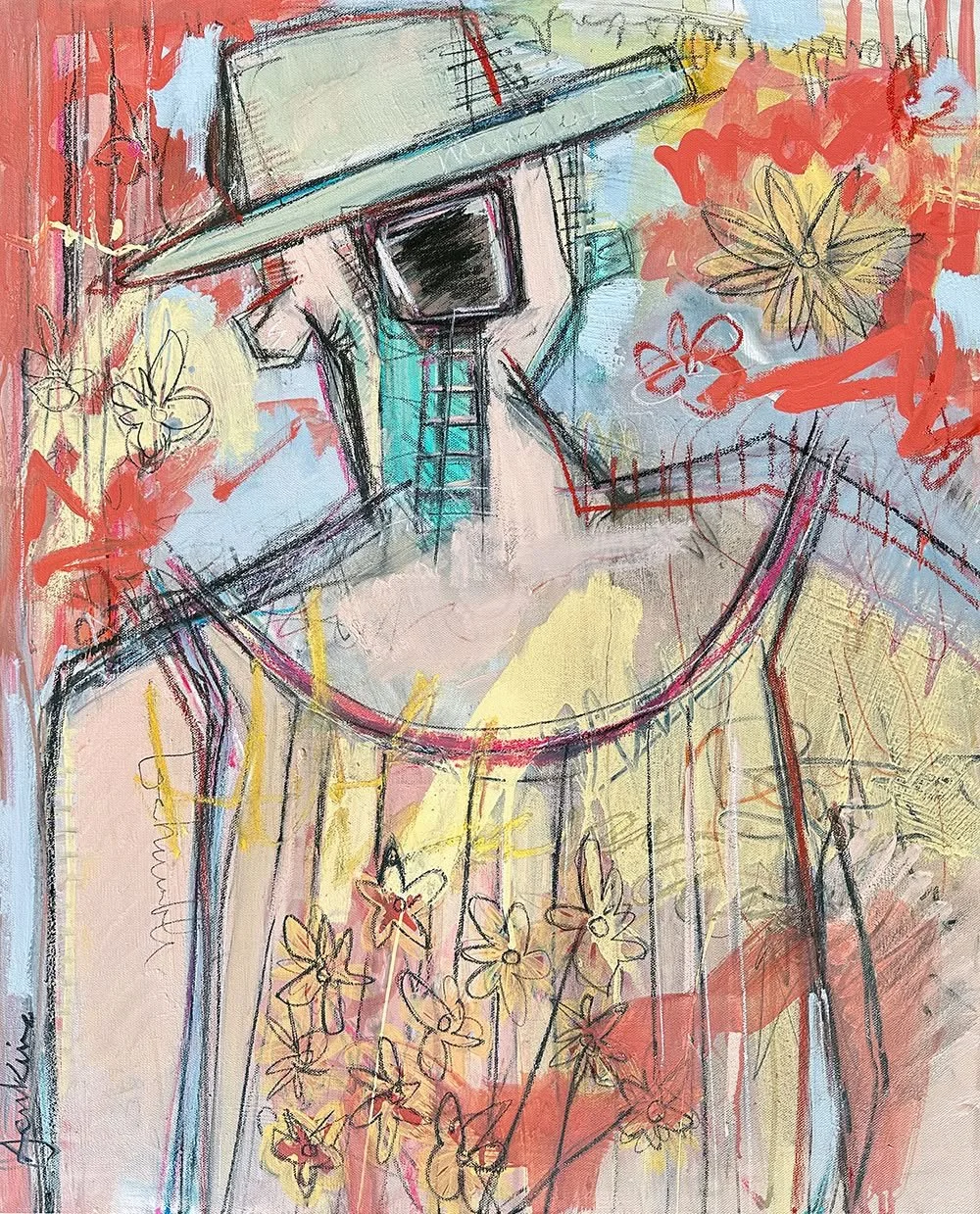 painting of a an sbtract figure bust holding flowers.