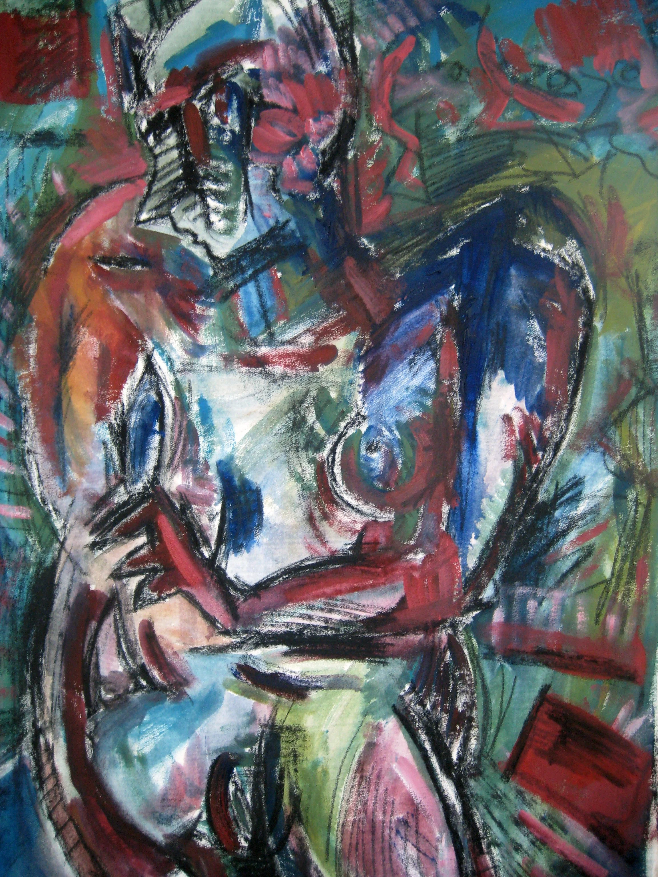 An abstract painting of a woman with closed eyes, rendered with bold, expressive brushstrokes in red, black, blue, green, and pink.