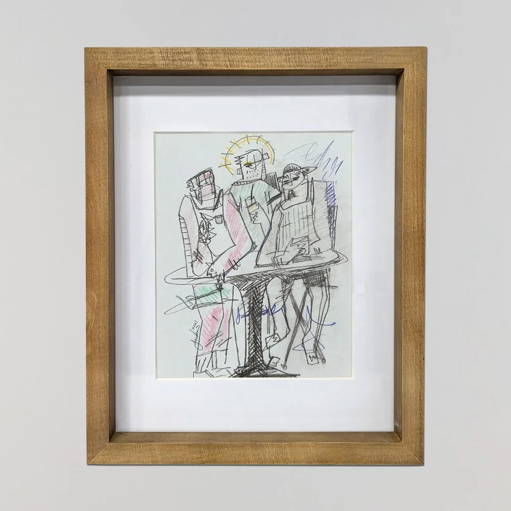 An contemporary abstract drawing by Joshua Jenkins of three male figures figures at a table drinking liquor.