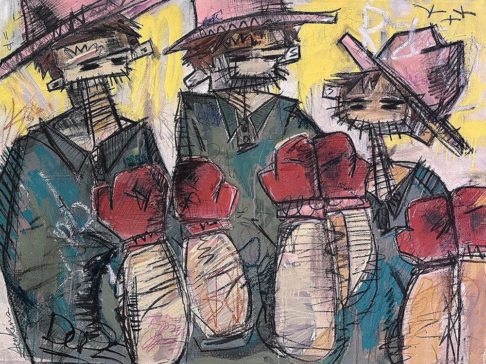 An expressive art brut painting by Joshua Jenkins of three figures in pink hats holding their boxing gloves up infant of t hem, graffiti-like textures and bold colors throughout.