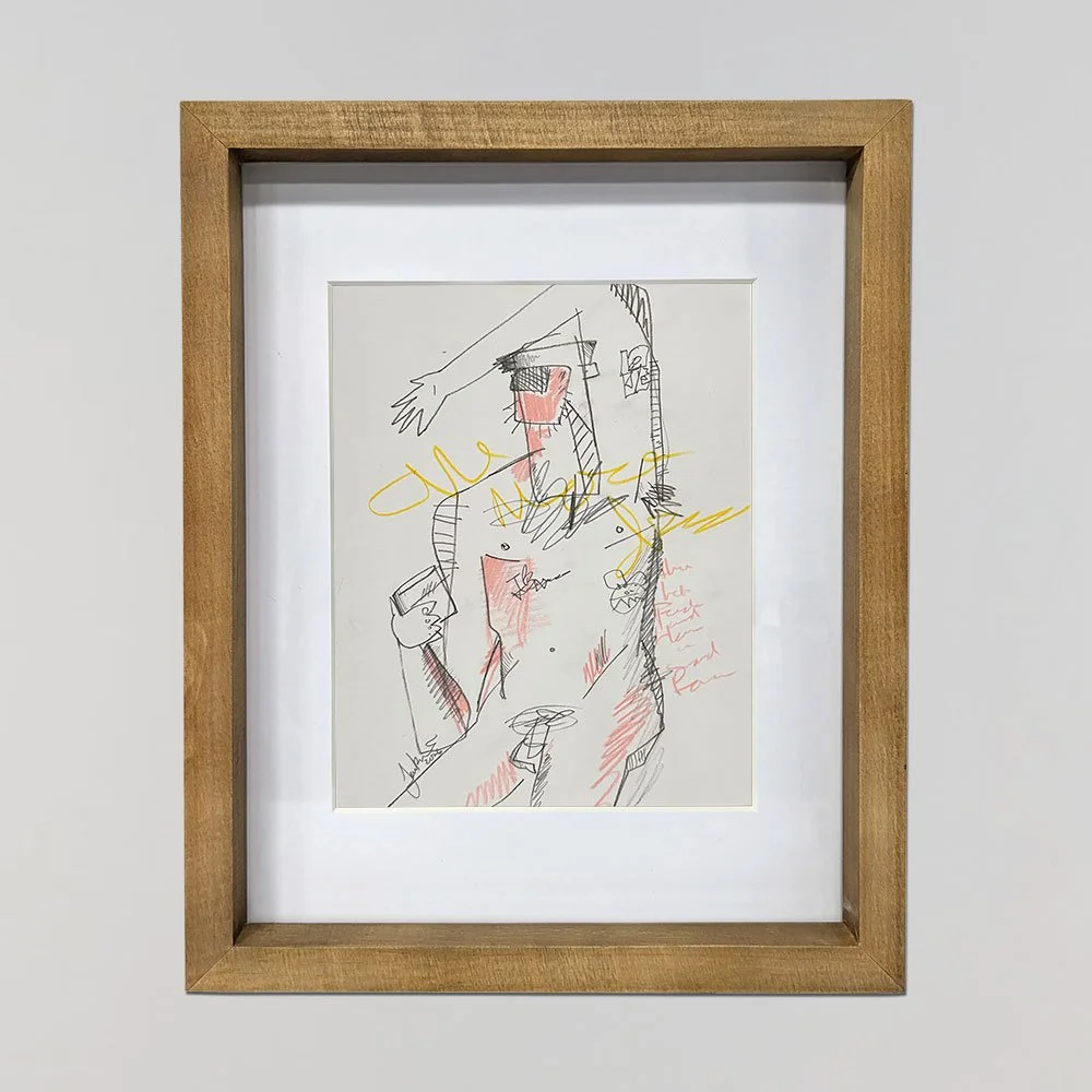 An contemporary abstract drawing by Joshua Jenkins of a portrait of a nude figure holding a bourbon glass