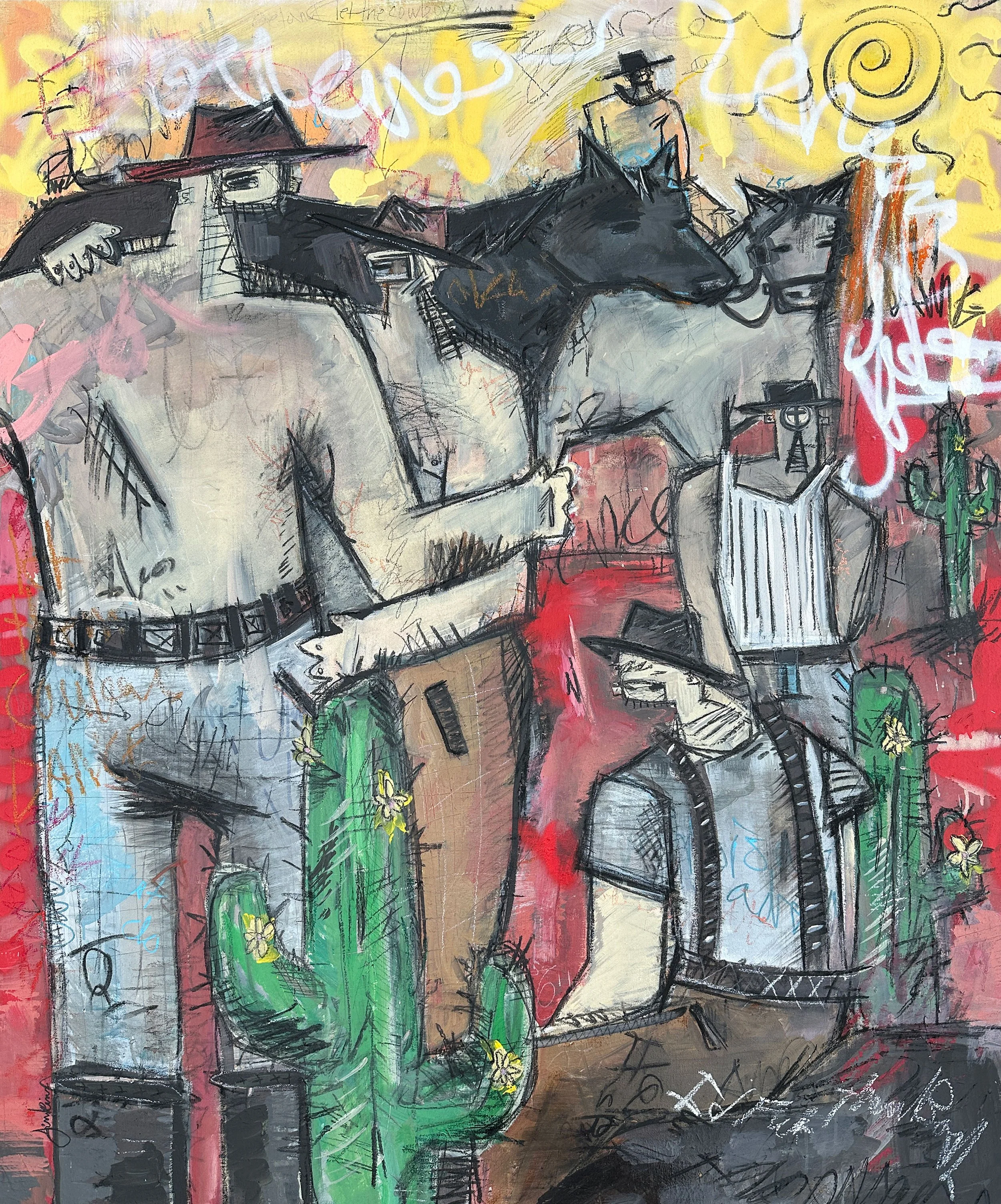 Art brut painting by Joshua Jenkins of five men and two horses in a desert scene, with two shirtless men dancing, a cactus in the foreground, graffiti-like textures, and bold primary colors.