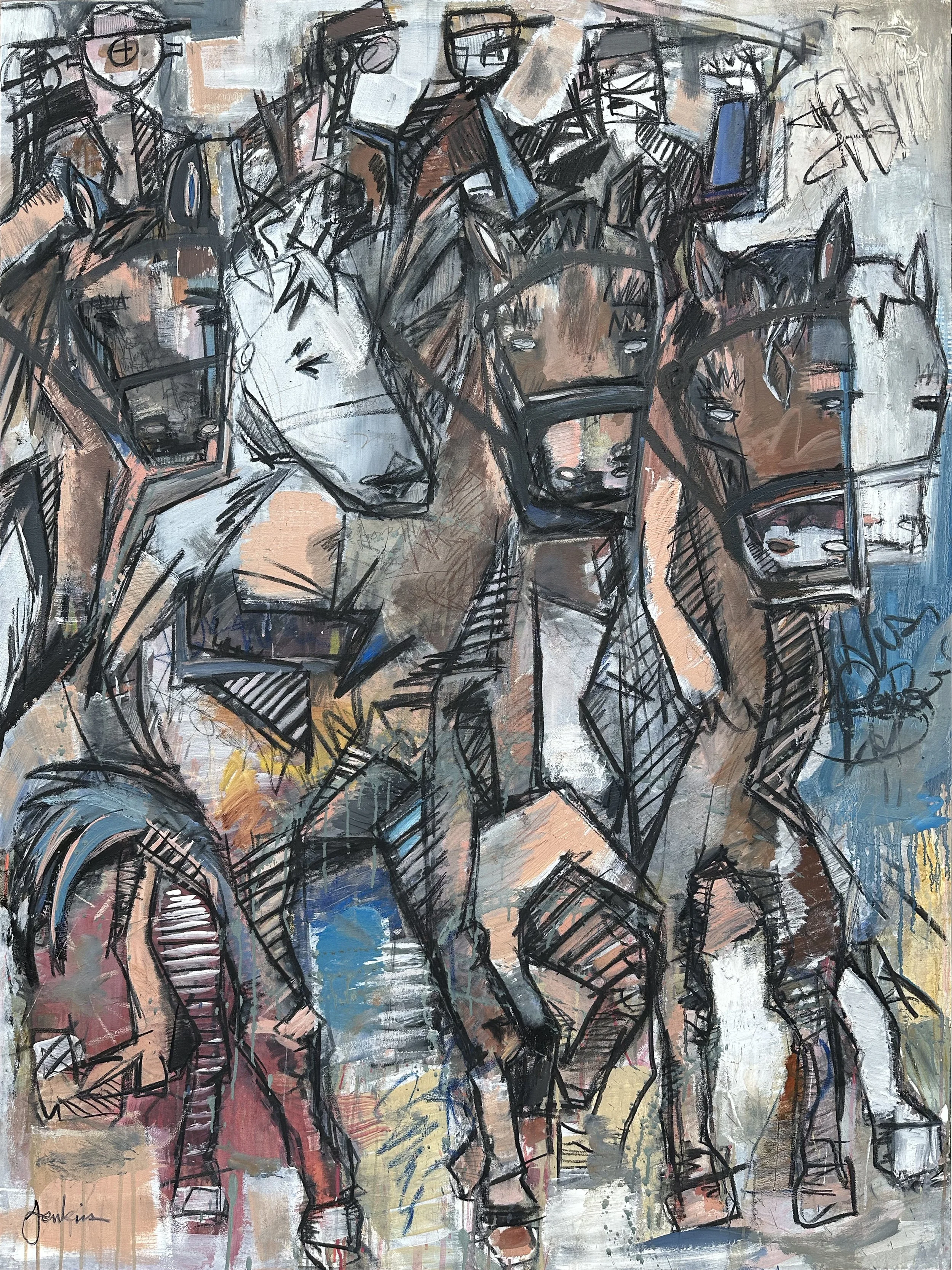 An expressive contemporary abstract art painting by Joshua Jenkins inspired by cubism of a horse race nearing the end of the stretch.