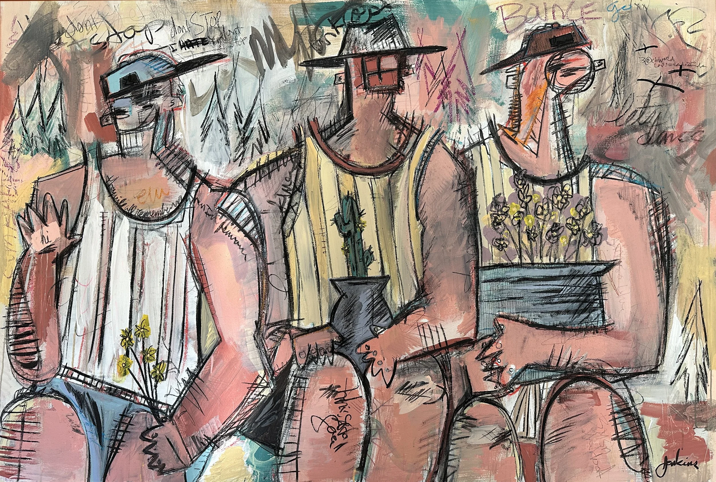 An expressive art painting by Joshua Jenkins of three abstract figures sitting and posing, holding flowers with a outdoor landscape, graffiti-like textures, and bold colors throughout.