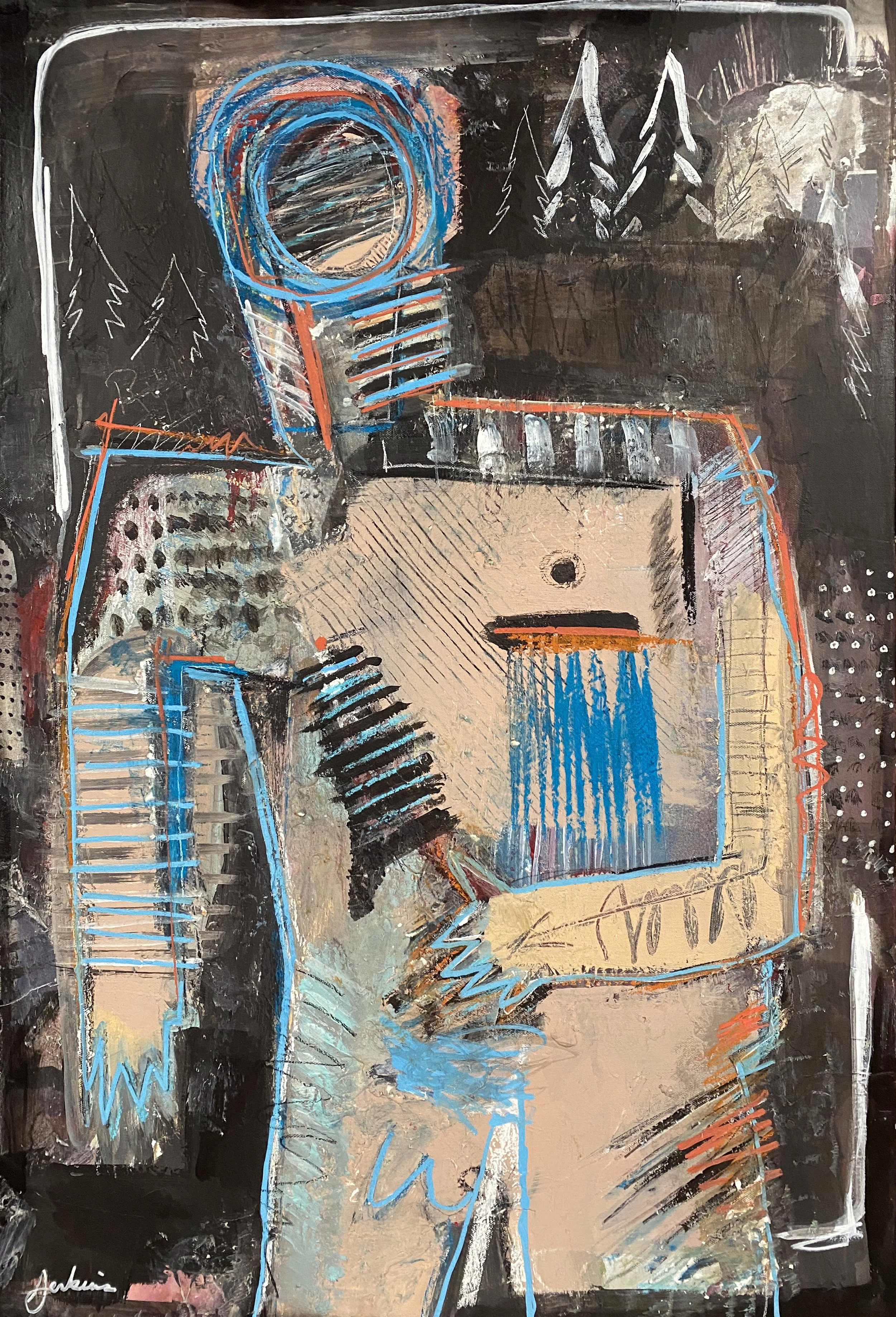 an abstract painting, dark bakcground, silhouette of a male figure with trees in background. very art brut and expressive.