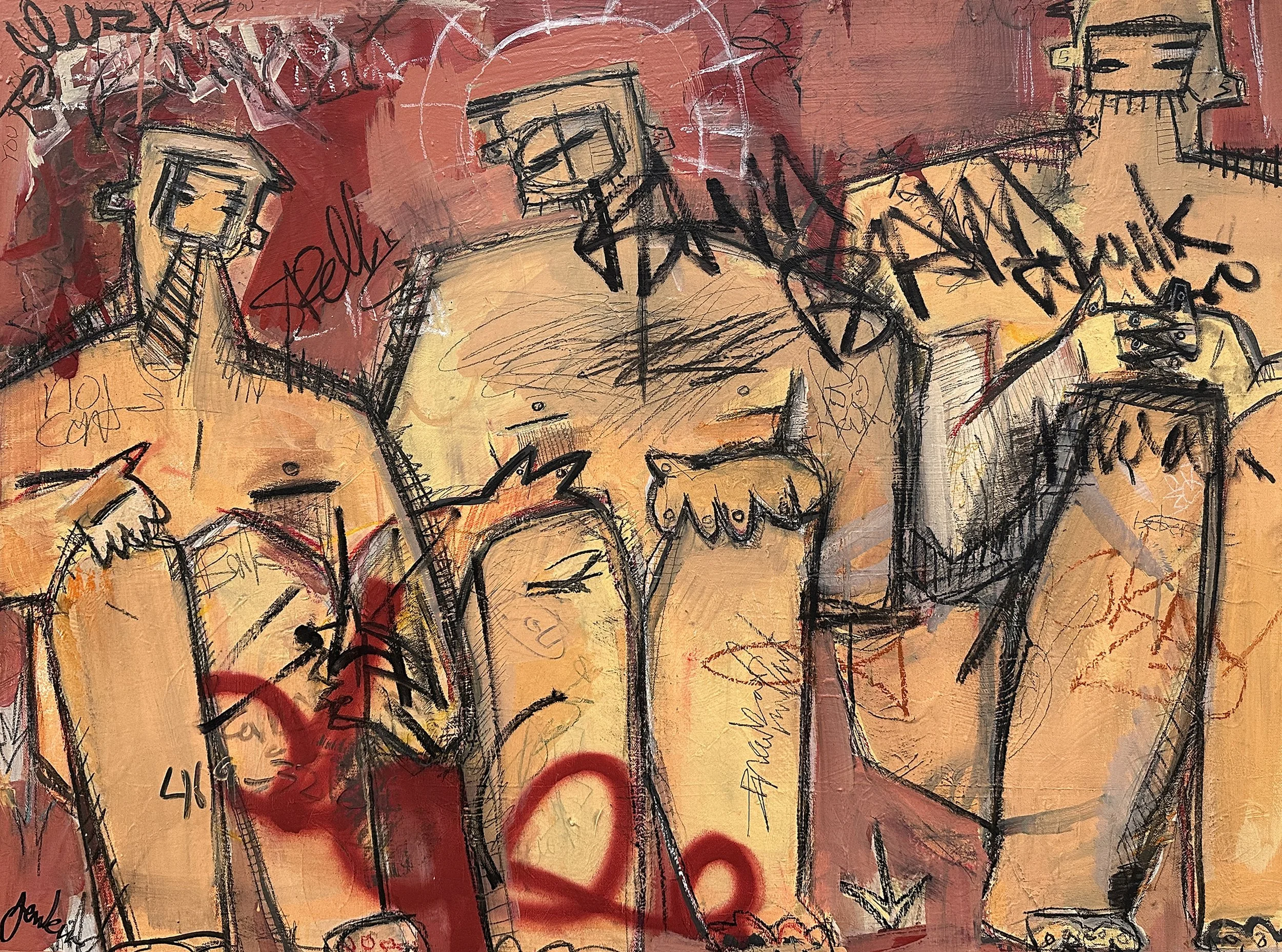 An expressive brut art painting by Joshua Jenkins of a three nude yellow abstract figures holding sitting, graffiti-like textures and bold yellow and red throughout.