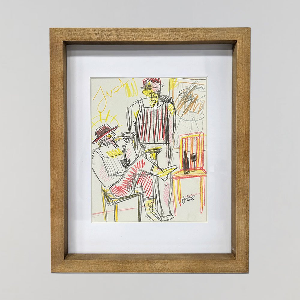 An contemporary abstract drawing by Joshua Jenkins of two half naked men posing drinking wine.
