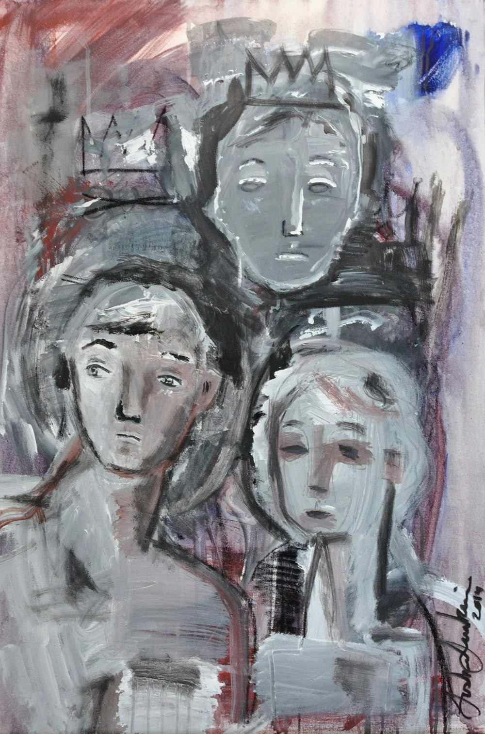 Abstract painting of four faces with solemn expressions, using shades of gray, black, and hints of red and blue.