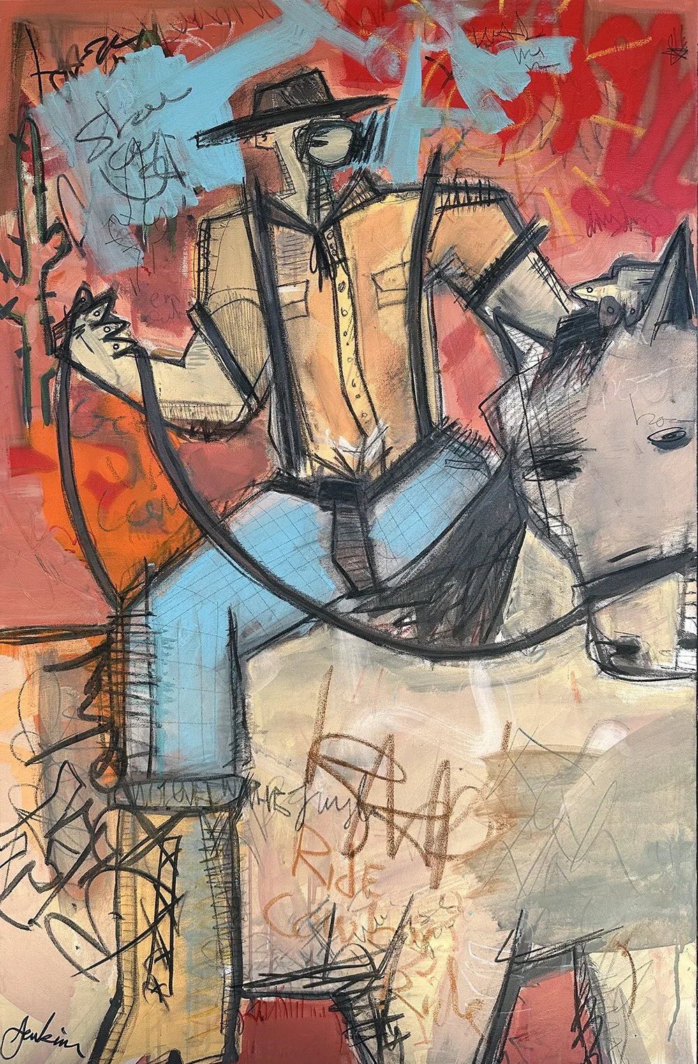 An contemporary abstract painting by Joshua Jenkins of a cowboy riding a horse with bold expressive colors
