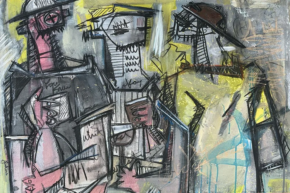 An expressive contemporary abstract art painting by Joshua Jenkins of three male figures drinking cocktails, inspired by cubism movement.