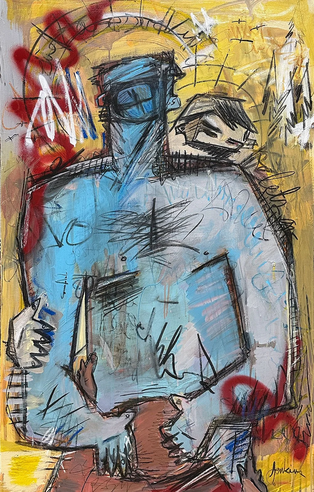 An contemporary abstract painting by Joshua Jenkins of three figures engaging in group sexual acts, with graffiti inspired textures throughout