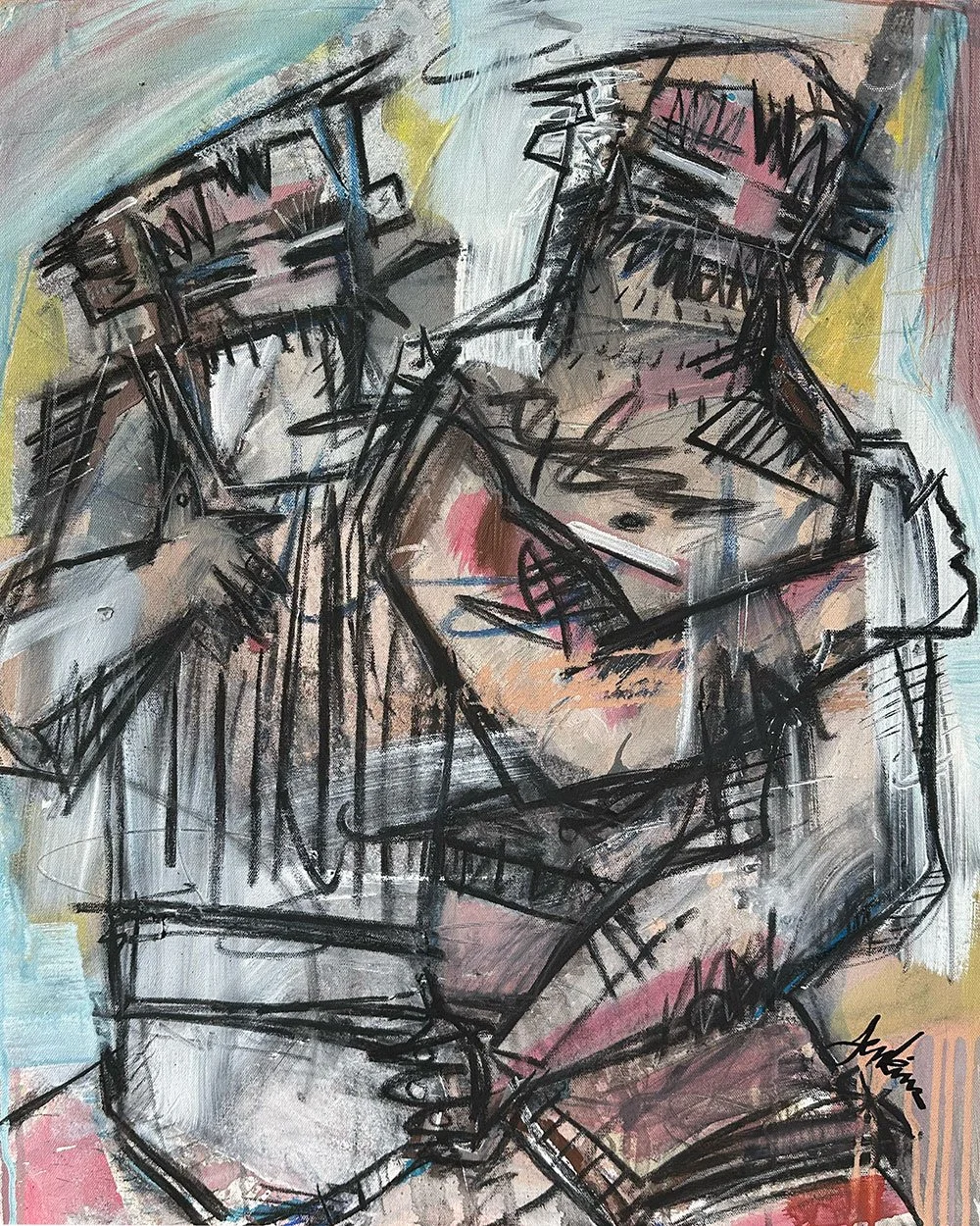 An expressive contemporary abstract art painting by Joshua Jenkins of two male figures embracing one another, inspired by cubism movement.