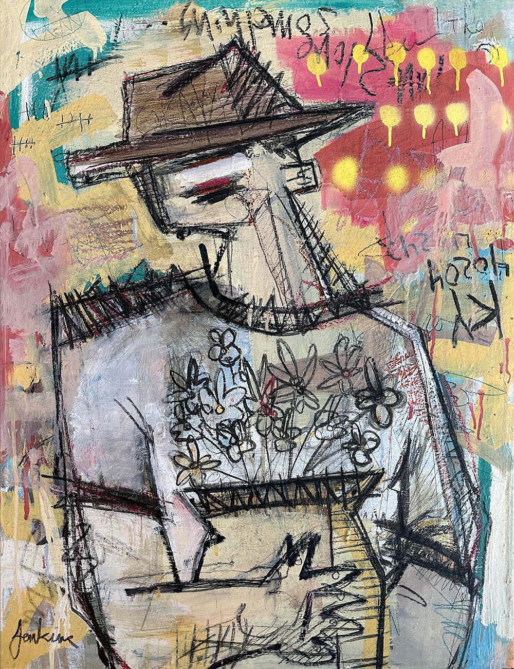 An expressive brut art painting by Joshua Jenkins of a single figure holding a vase with of flowers, graffiti-like textures and bold colors throughout.