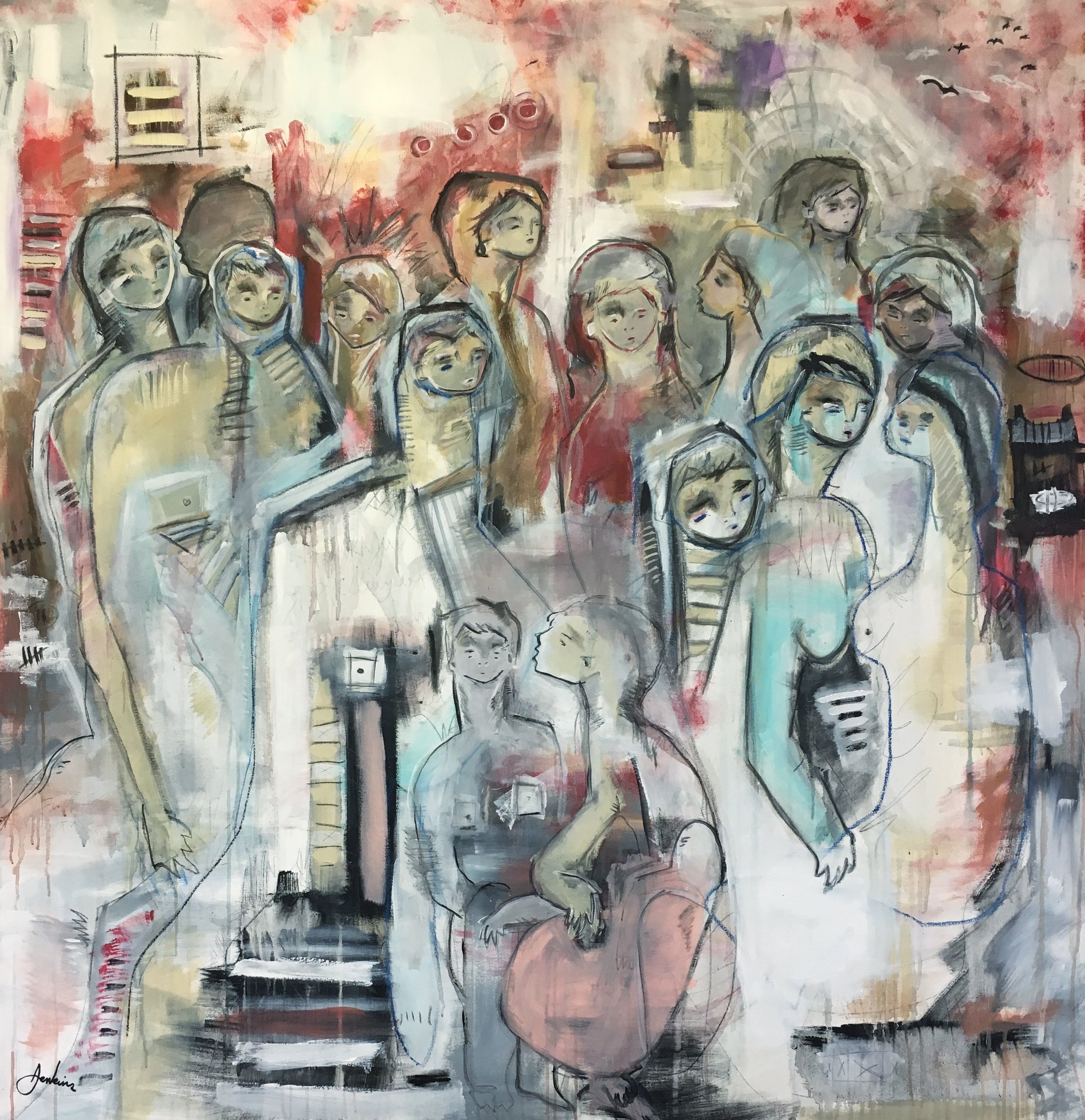 an abstract figurative painting with a bunch of faces in a crowd looking exhausted