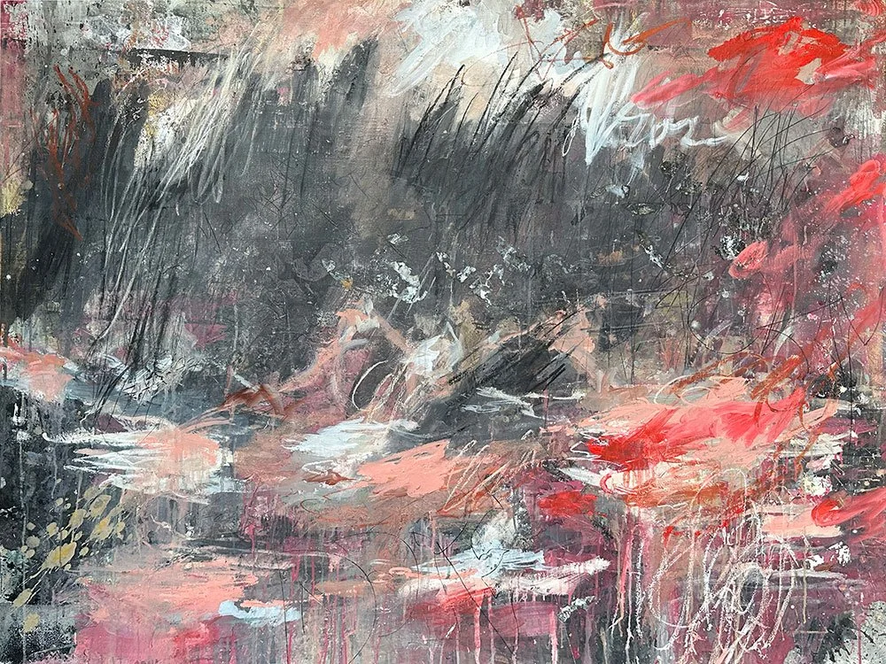 An expressive contemporary abstract art painting by Joshua Jenkins with masculine palette and textures inspired by cy twombly.