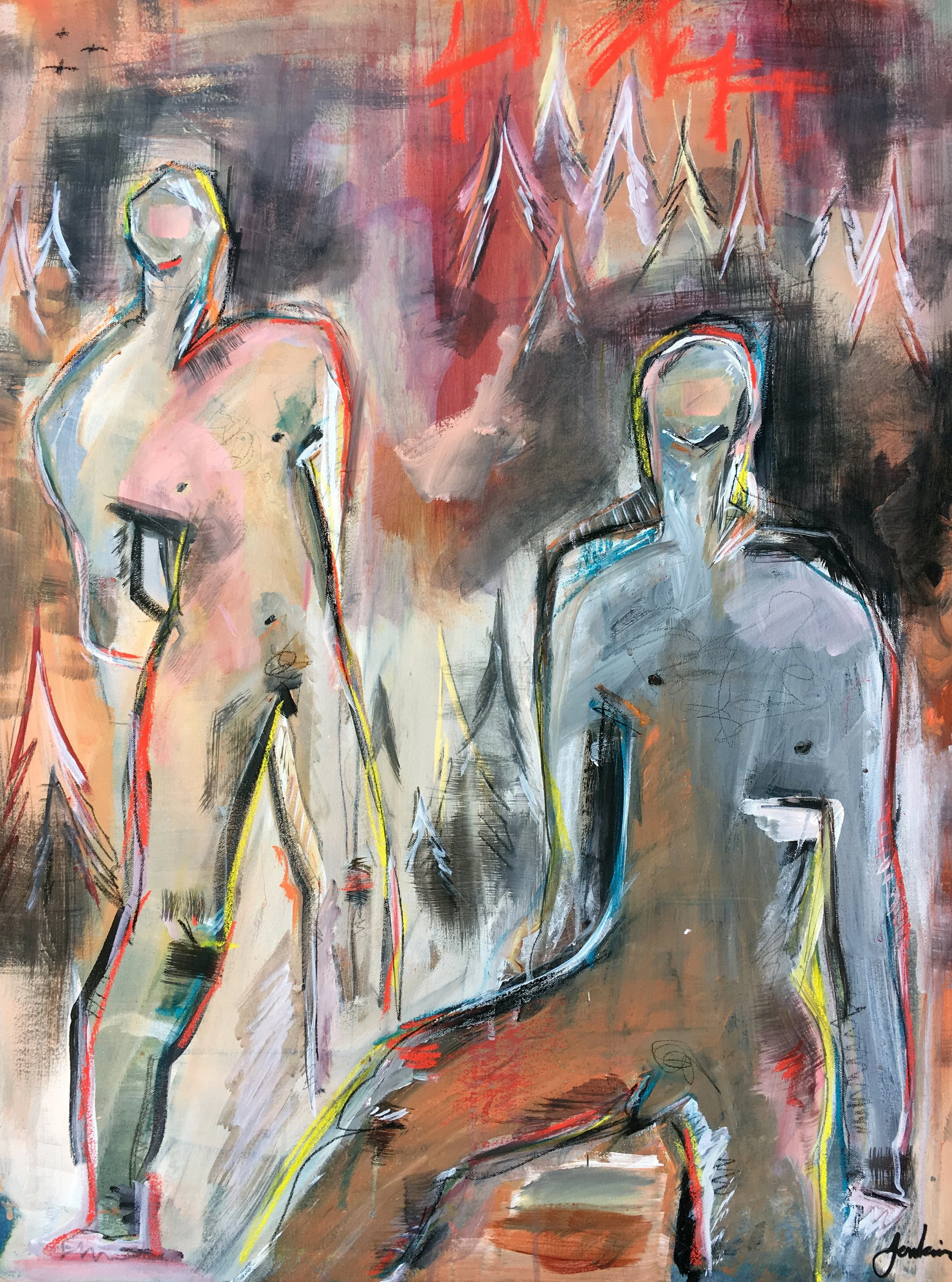 An expressive and abstract figurative painting of two nude men surrounded by trees.