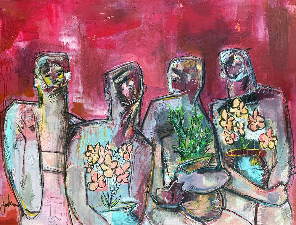 An contemporary abstract painting by Joshua Jenkins of four nude male figures holding flowers, bold red background  throughout.